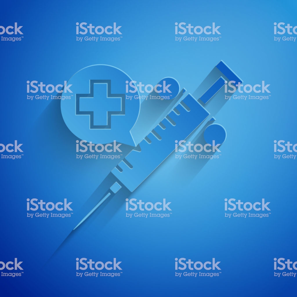 Paper Cut Medical Syringe With Needle Icon Isolated On Blue