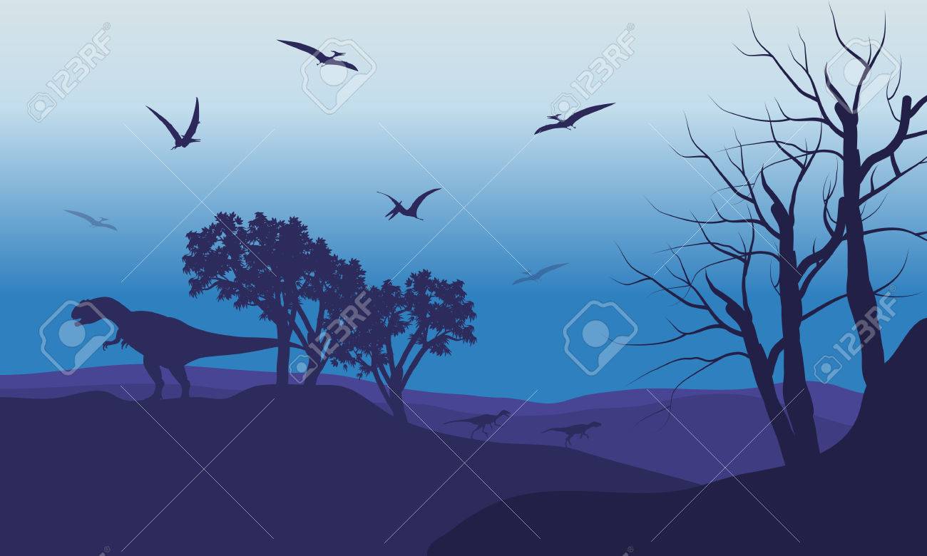 Silhouette Of Pterodactyl And Allosaurus With Purple Background