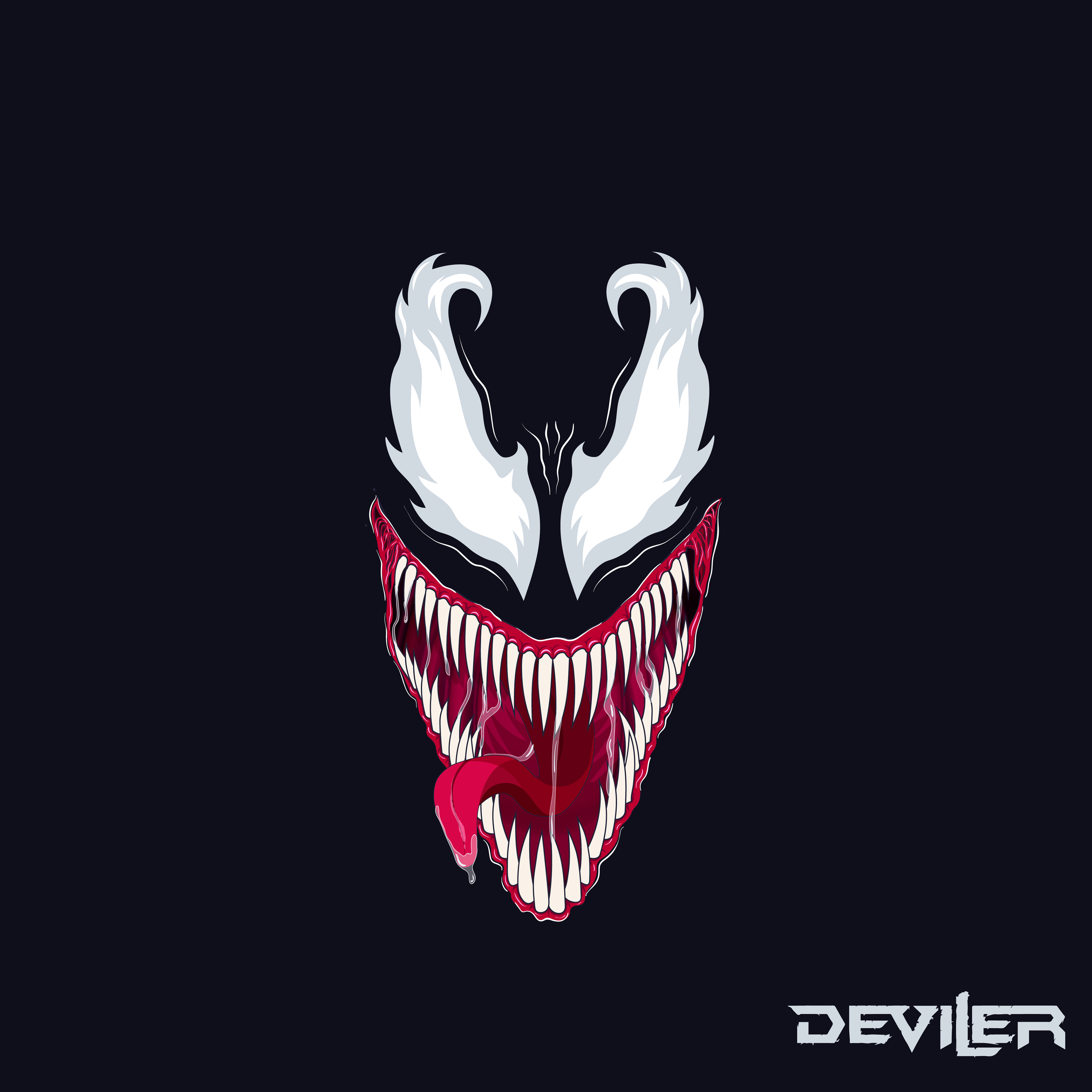 A menacing close-up of Venom's face, featuring sharp teeth, a long tongue, and white, predatory eyes. The dark background enhances the character's sinister aura