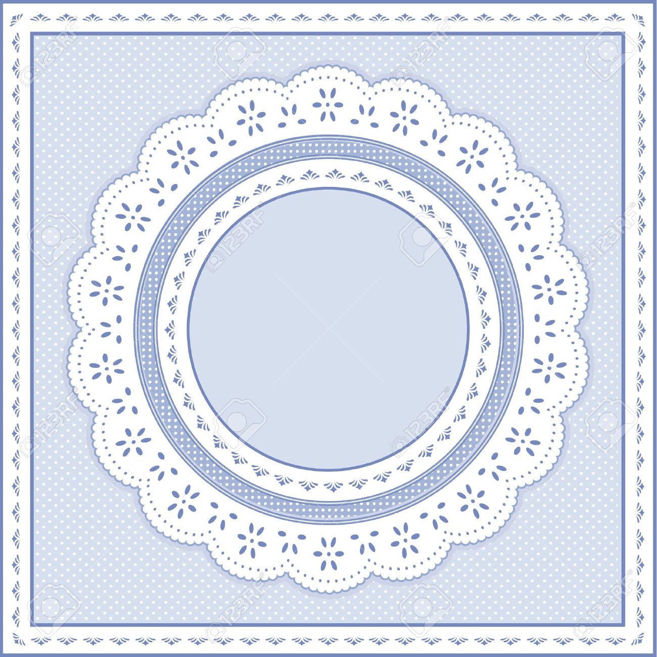 Eyelet Lace Doily Round Picture Frame On Pastel Blue Polka Dot