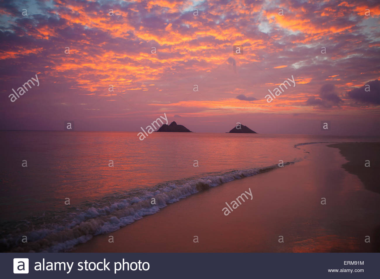 Sunset At Lanikai Beach With Mokuluas Islands In The Background