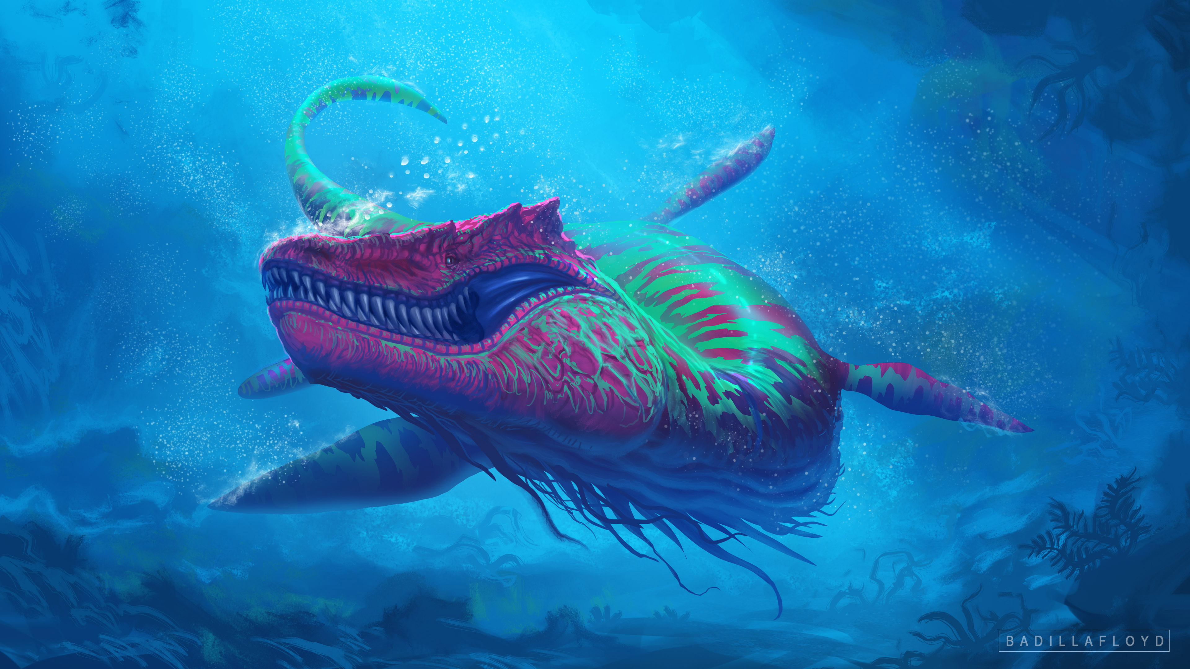 A vibrant, fantastical whale-like creature with dinosaur features swims through a bioluminescent underwater world in this 4k wallpaper