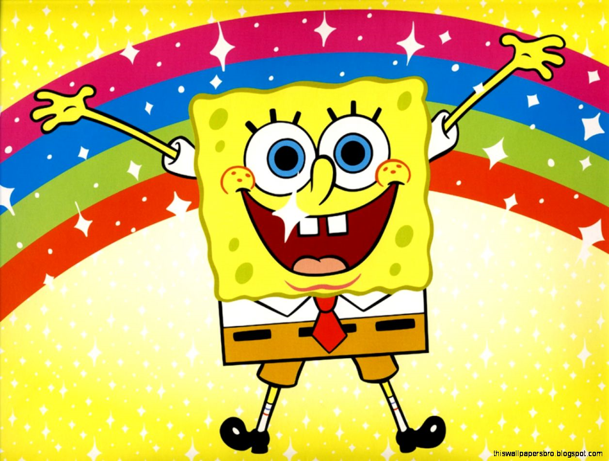 Spongebob Squarepants with arms outstretched against a rainbow background