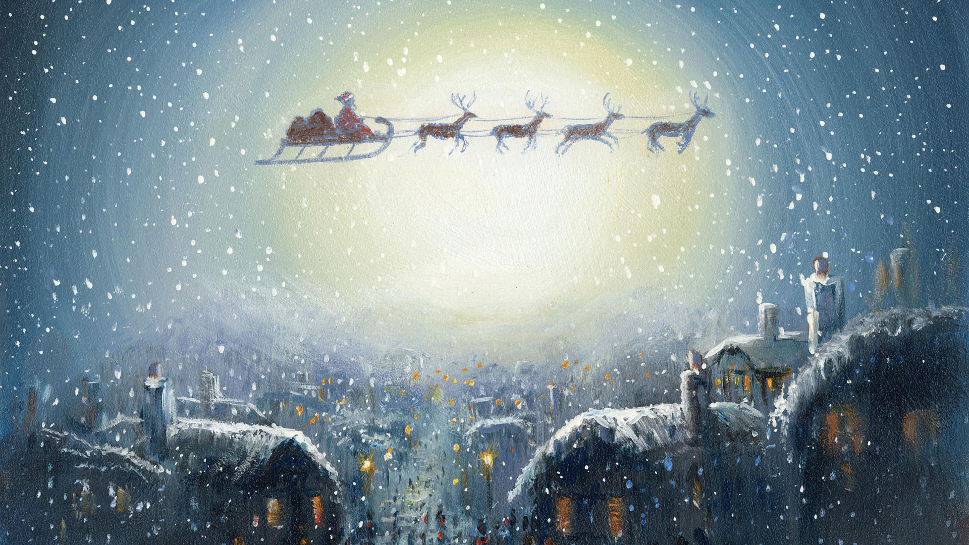 Santa Claus flying his sleigh and reindeer over a snowy village on Christmas Eve, against a bright moon backdrop