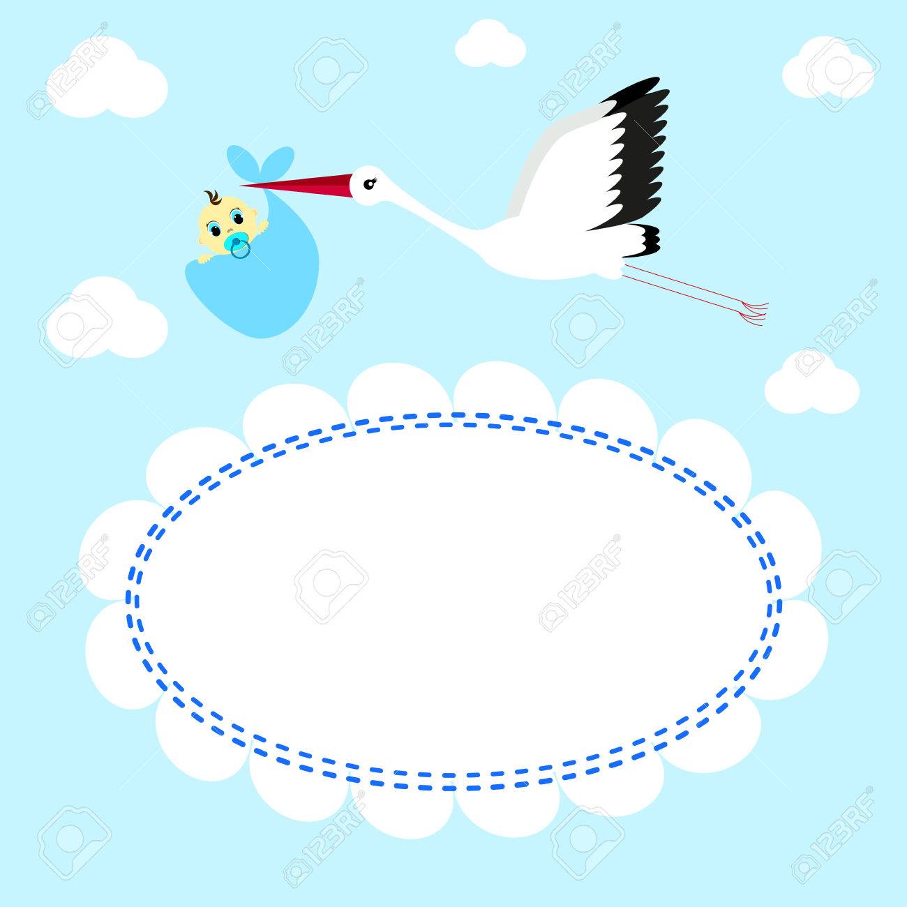 Greeting Card Stork Delivers Baby Boy On A Background Of Clouds 1300x1300