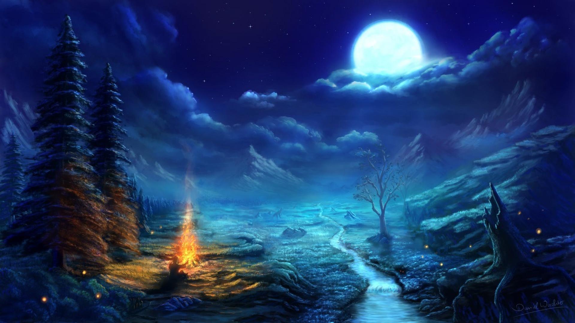Clouds Trees Night Stars Moon Campfire Skies Wallpaper