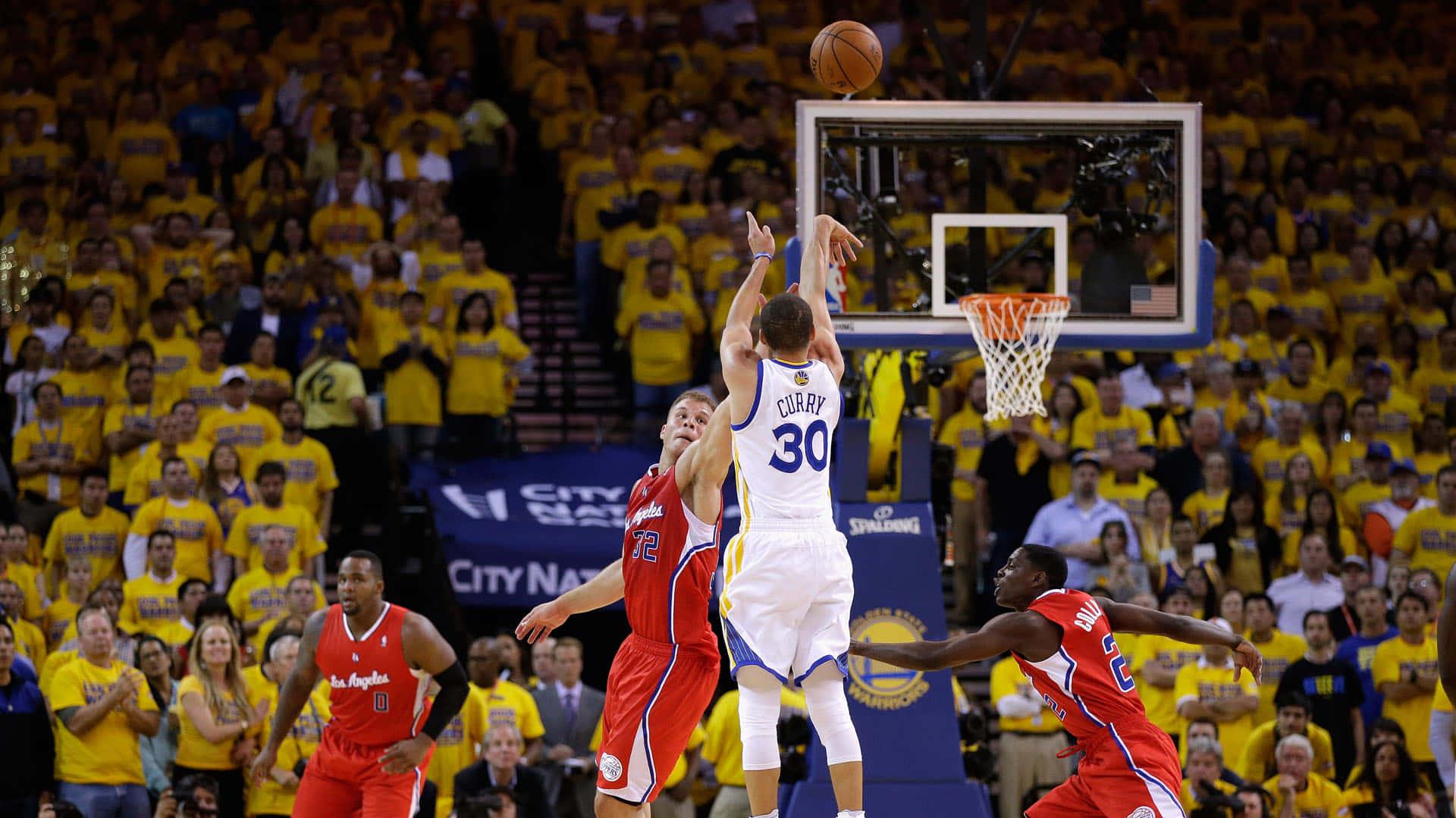 Stephen Curry Shooting On Basketball Court Wallpaper