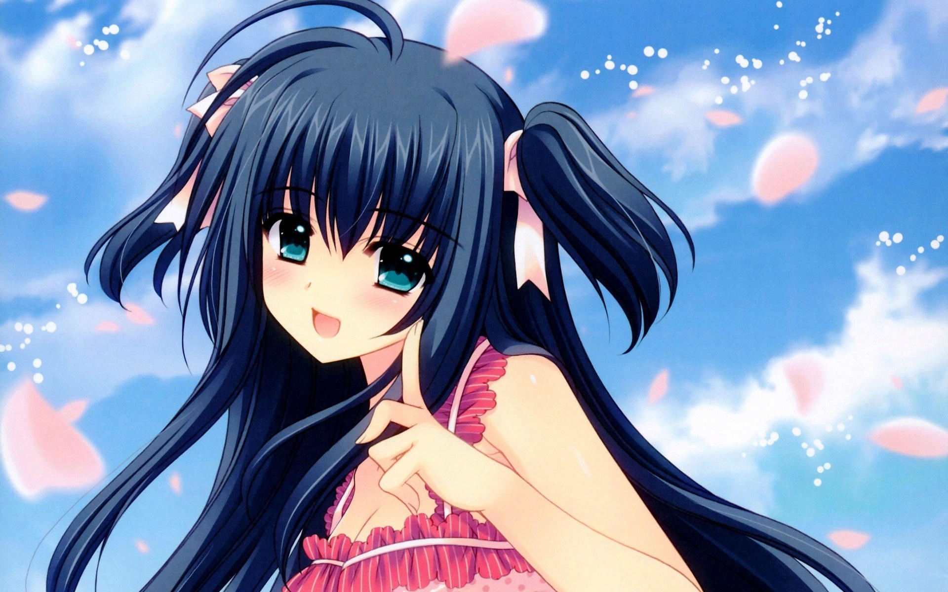 A cute anime girl with long, dark blue hair and bright green eyes smiles against a backdrop of a blue sky and falling pink petals. She wears a pink, frilly top and has white ribbons in her hair