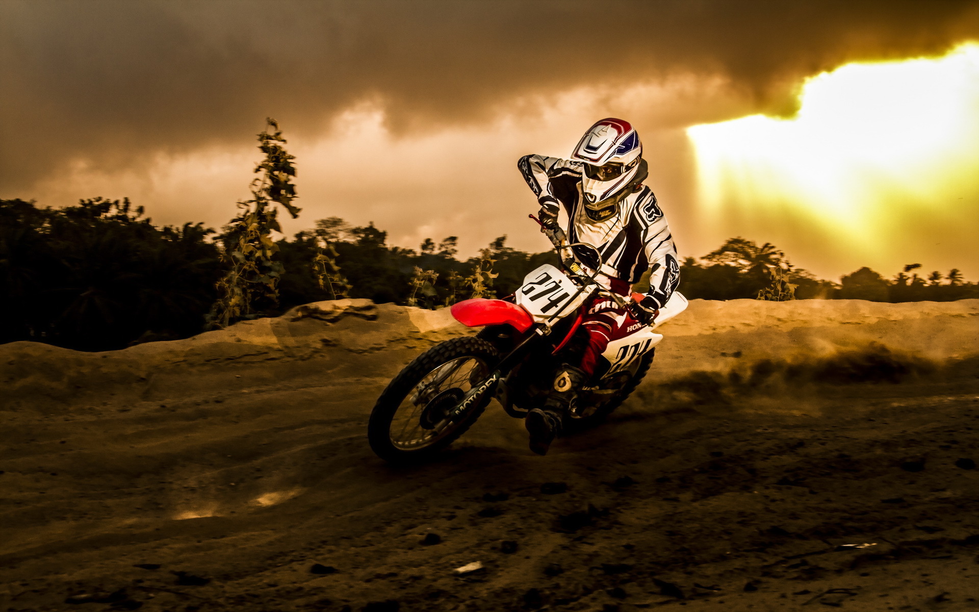 Motorcycle Racing Sports Motocross Dirt Storm Rain Sky Clouds Sunset