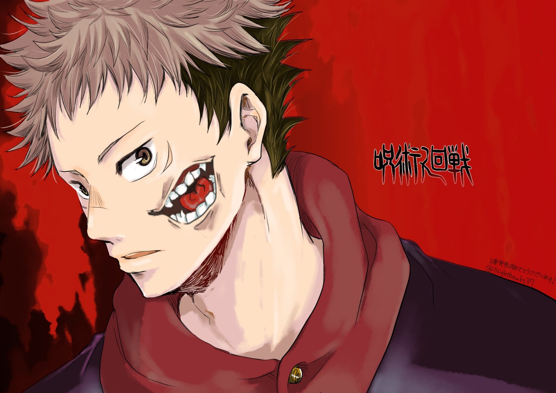 Yuji Itadori from Jujutsu Kaisen with a torn cheek, against a red background