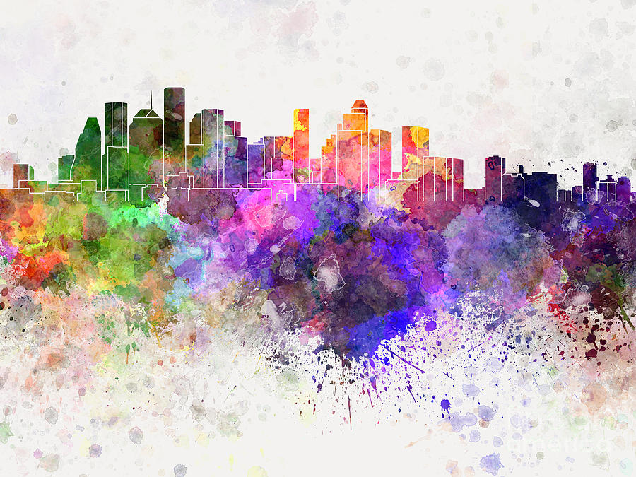 Houston Skyline Painting In Watercolor Background By