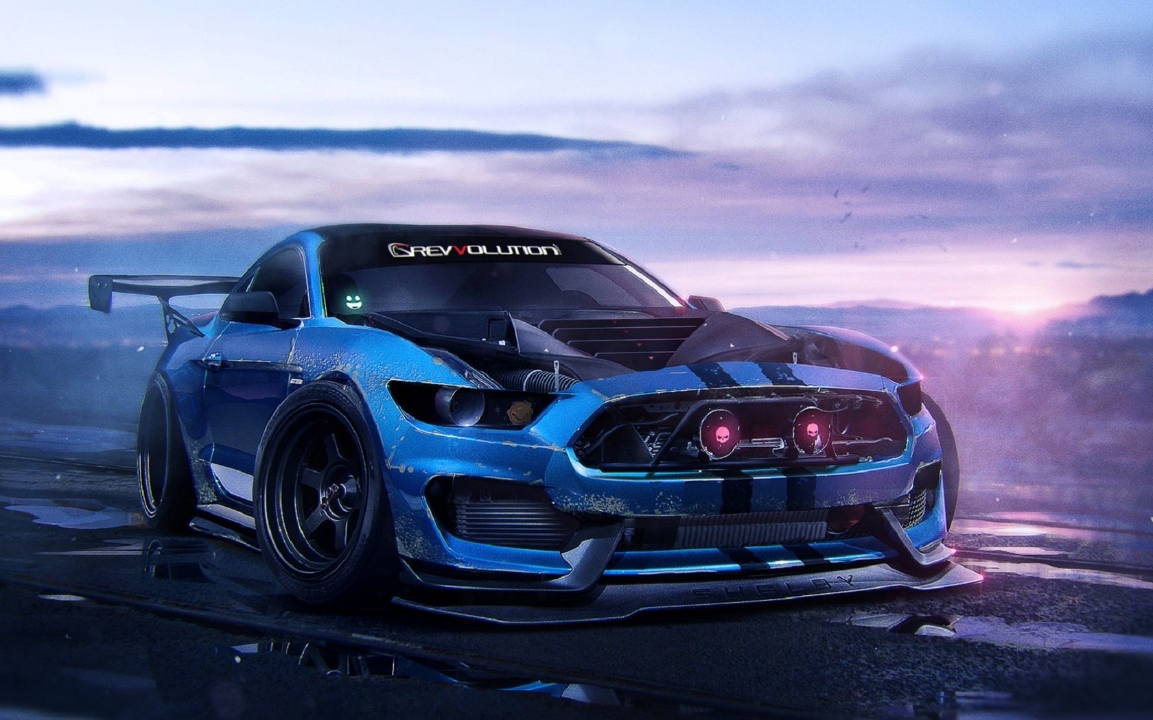 A modified Ford Mustang with custom body kit and glowing headlights, against a sunset backdrop