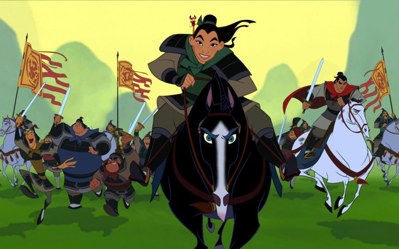 Mulan leads the charge on horseback with the Chinese army in Disney's Mulan