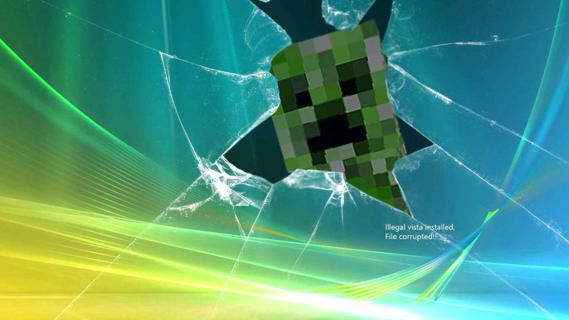A humorous Minecraft background depicting a Creeper face peering through a shattered Windows Vista desktop
