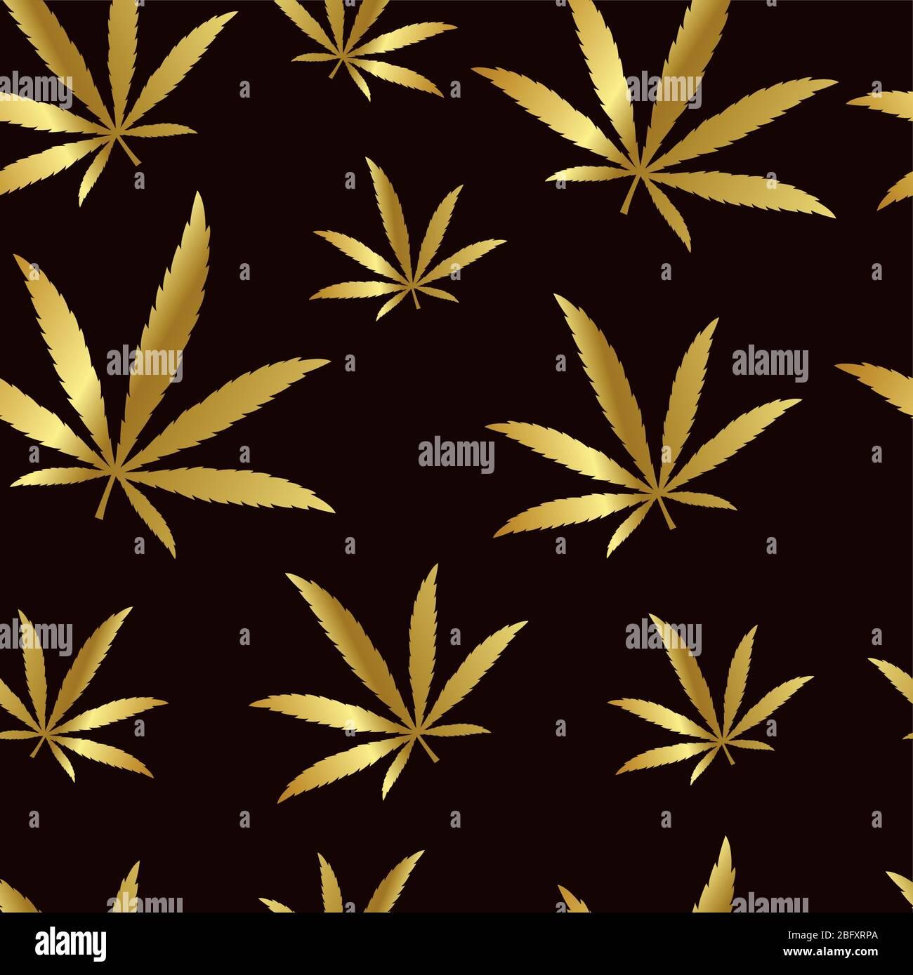 Seamless Pattern Golden Cannabis Leaves On Dark Background Vector