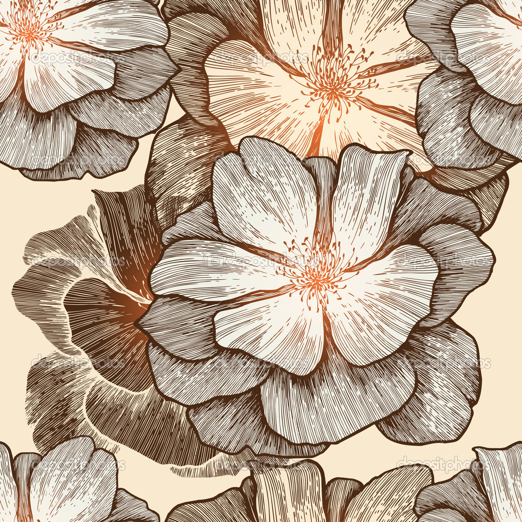 Glamour Seamless Wallpaper With Wild Roses Hand Drawing Vector