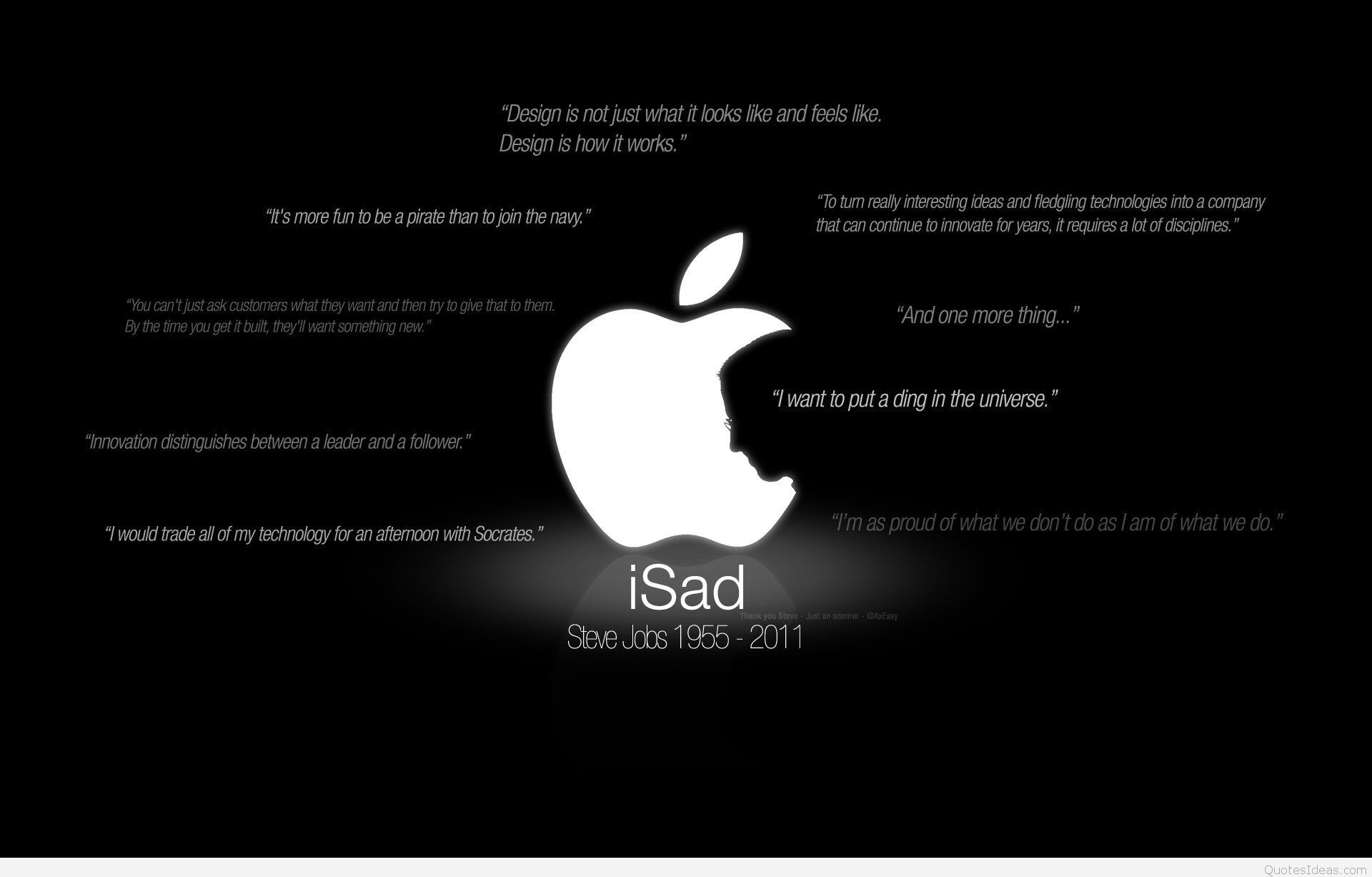 A tribute to Steve Jobs featuring his silhouette within the Apple logo, surrounded by his famous quotes