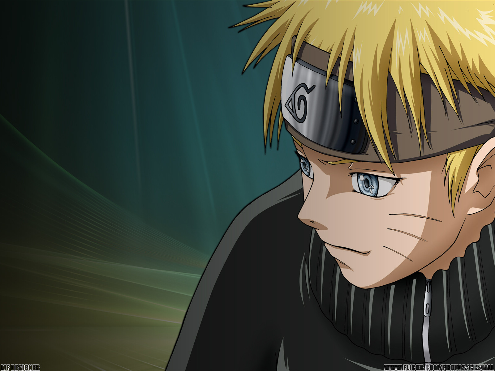 Close-up of Naruto Uzumaki with a thoughtful expression, wearing a dark jacket and his signature headband
