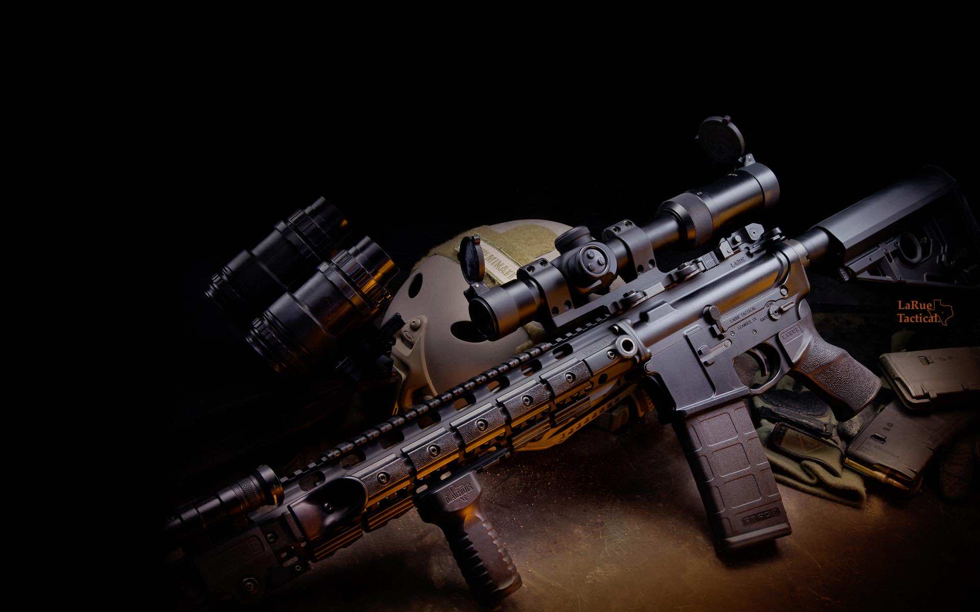 High-powered tactical rifle with accessories, including a scope, night vision binoculars, and helmet, against a dark background. Ideal for military enthusiasts
