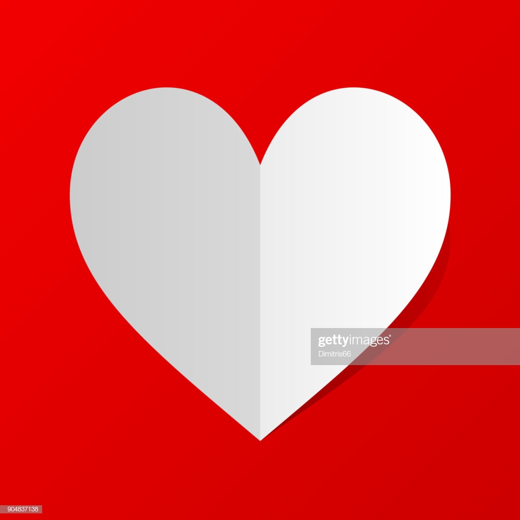 Folded White Paper Heart Icon With Shadow On Red Background