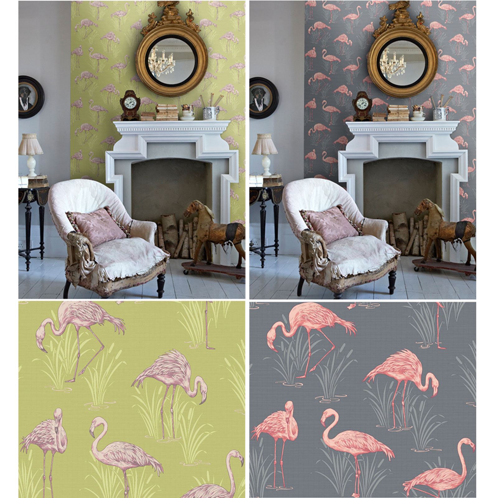 Lagoon Vintage Flamingo Feature Wallpaper Green Pink Grey Coral
