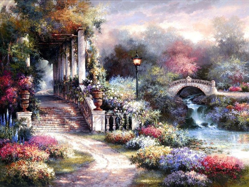 Art Bridge Garden Retreat Abstract Fantasy HD Desktop Wallpaper