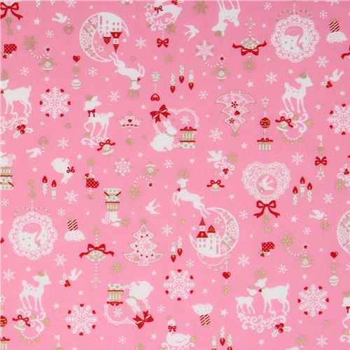 Pink Kawaii Christmas Fabric Bambi Bunny Glitter Japan