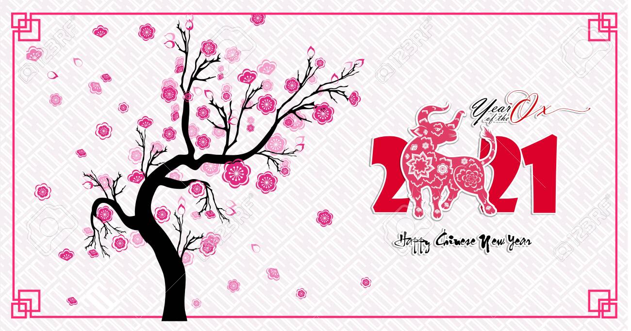 Happy Chinese New Year Of The Ox Flower And Asian