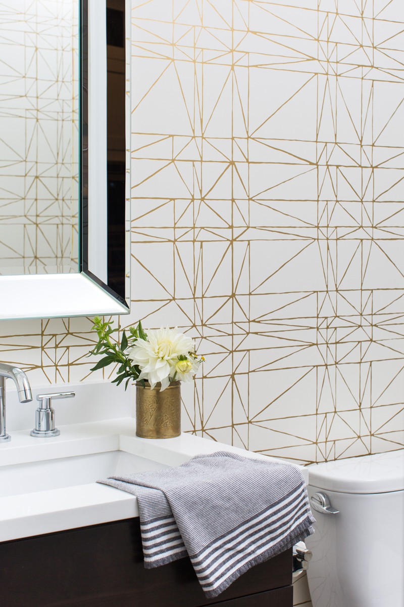 Gold And White Wallpaper Powder Room Centered By Design