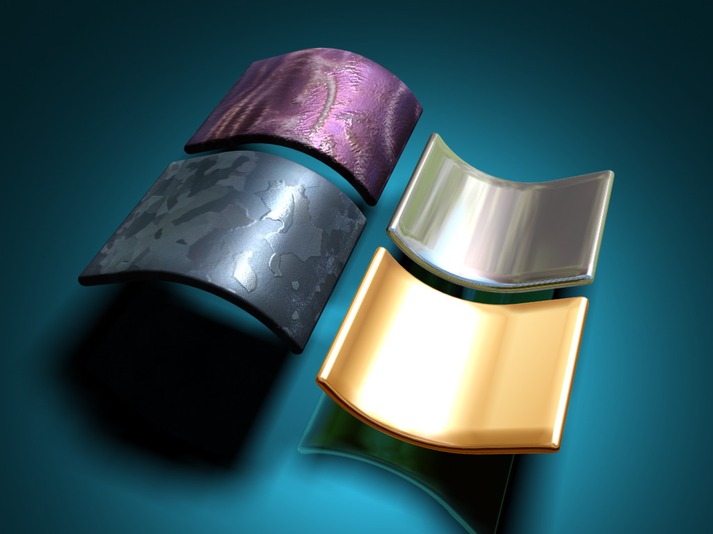 A 3D metallic Windows logo with four panes in varying colors, including purple, grey, silver, and gold