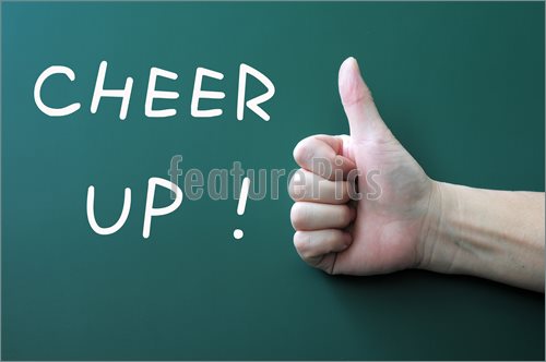 Picture of Cheer up written on a blackboard background with a thumb up