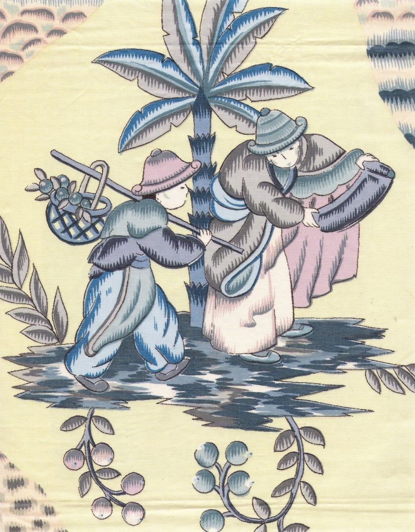 Vintage Chinoiserie Trellis fabric sample in Yellow glazed cotton