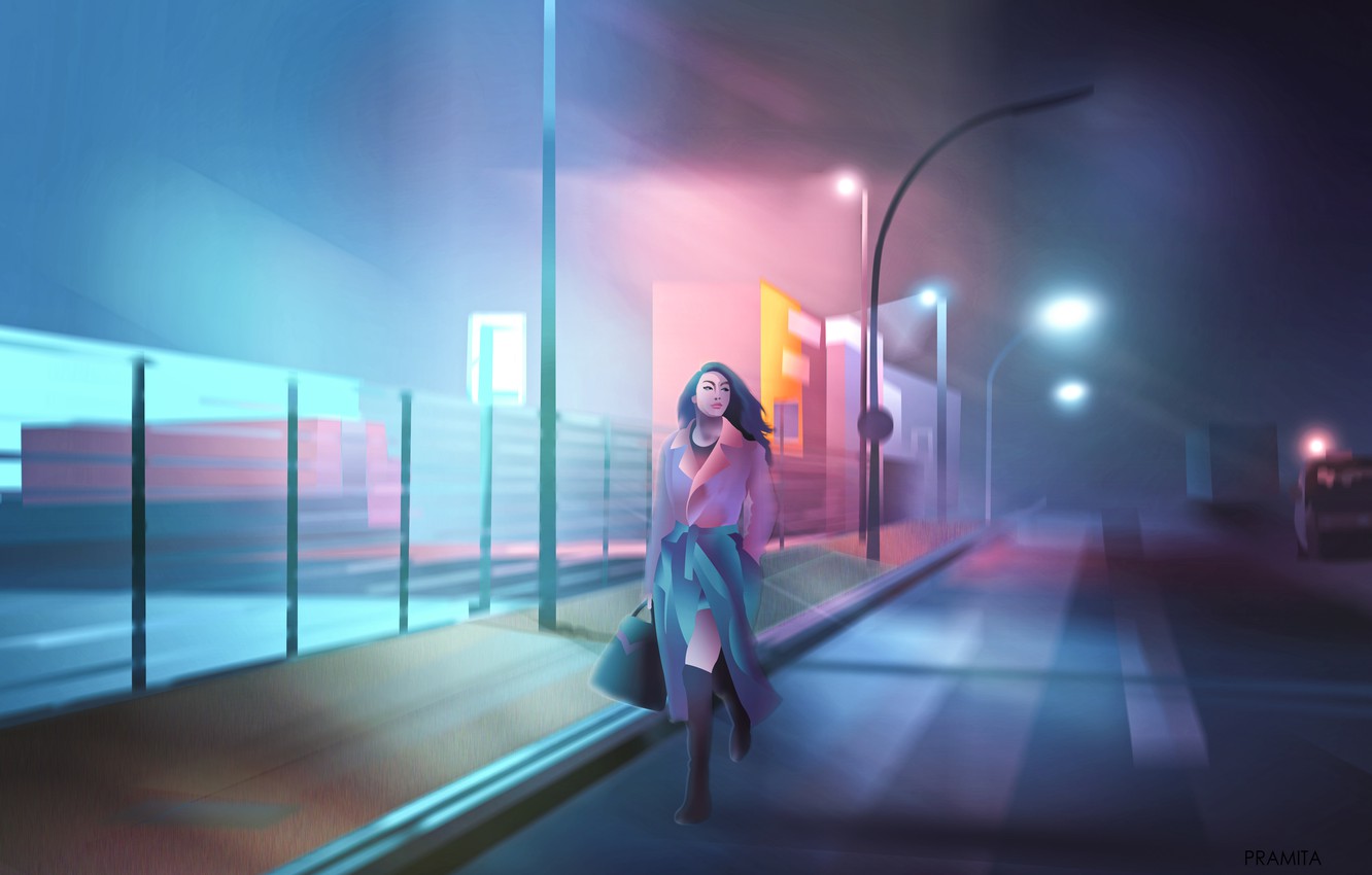 Wallpaper City Girl Alone Cyberpunk Painting Digital Art