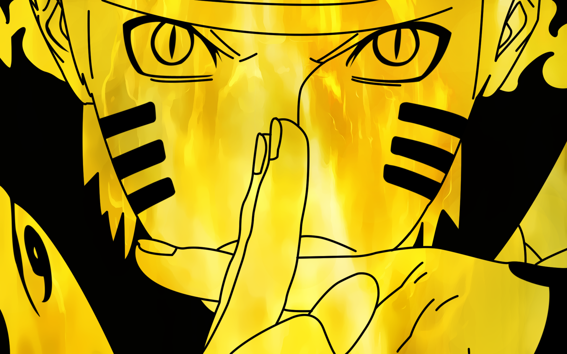 Close-up of Naruto Uzumaki in his Kurama Chakra Mode, with a serious expression and his finger to his lips, signaling for silence