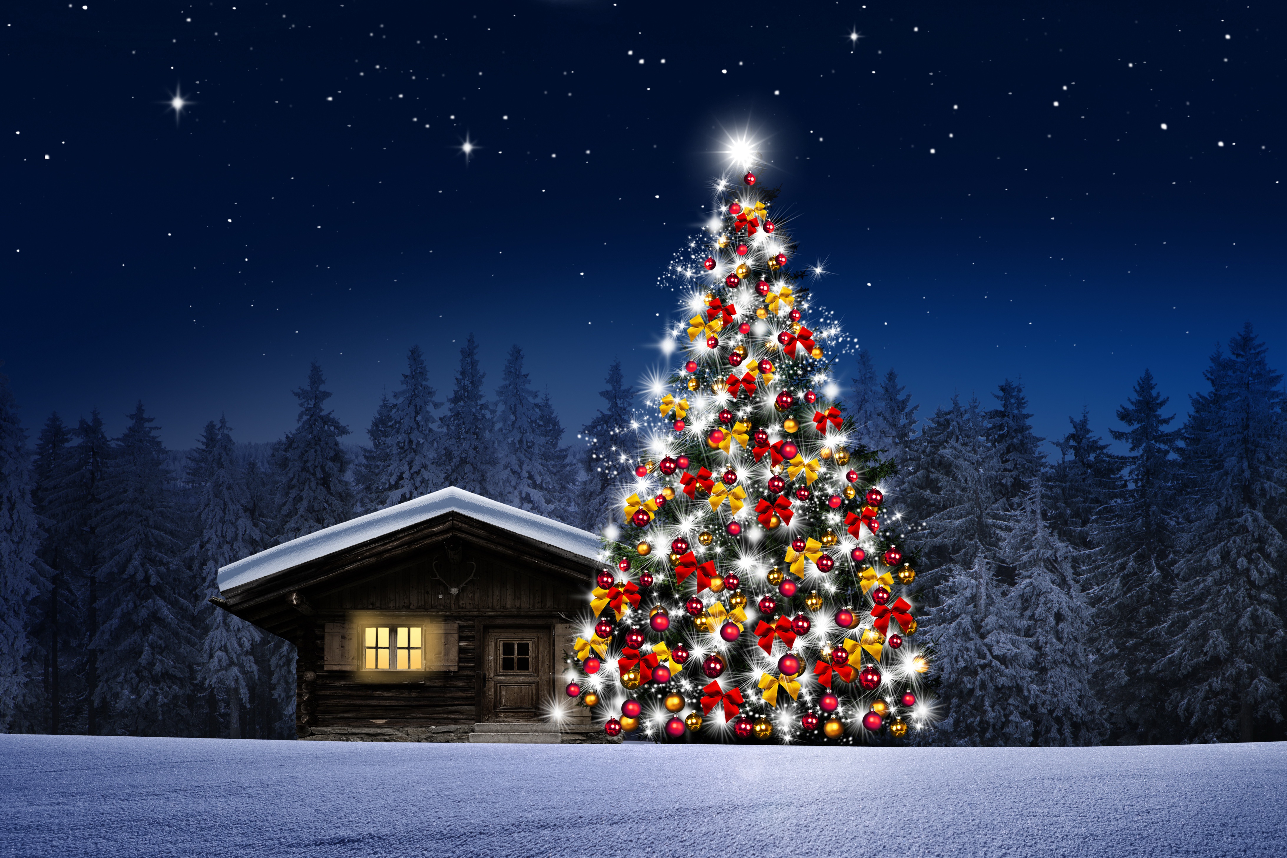 A Christmas tree decorated with red and gold ornaments stands tall in the snowy foreground of a winter night, with a cozy wooden cabin glowing warmly nearby, surrounded by a snow-covered forest under a starlit sky