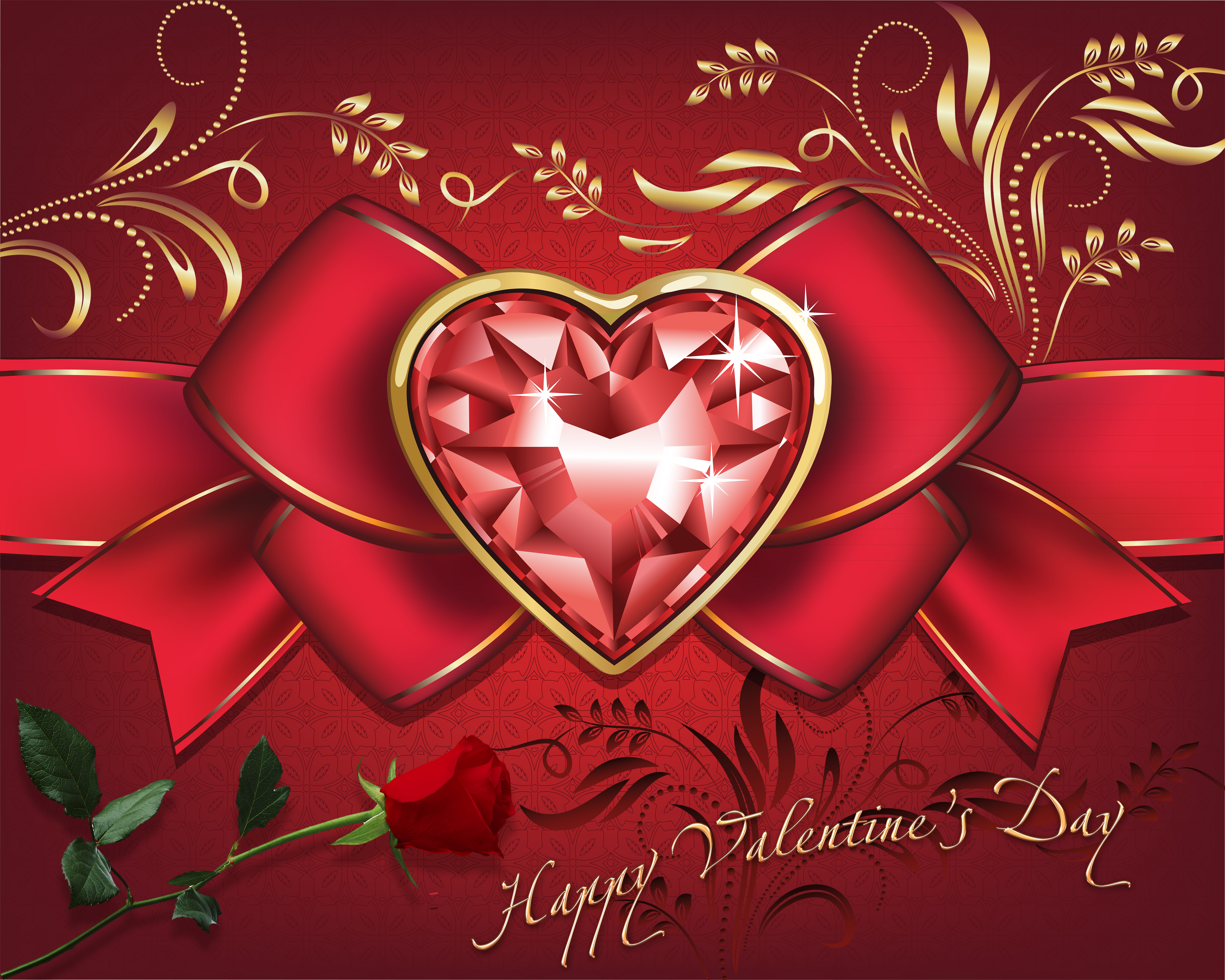 A vibrant Valentine's Day image featuring a heart-shaped ruby gemstone nestled in a red ribbon, with a single red rose placed below. The backdrop is a deep red with intricate gold floral designs, creating a romantic and luxurious feel