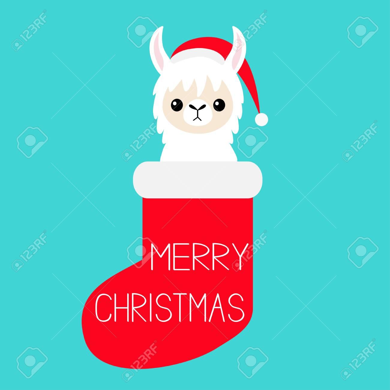 Merry Christmas Llama Alpaca Baby Face In Red Sock Santa Hat