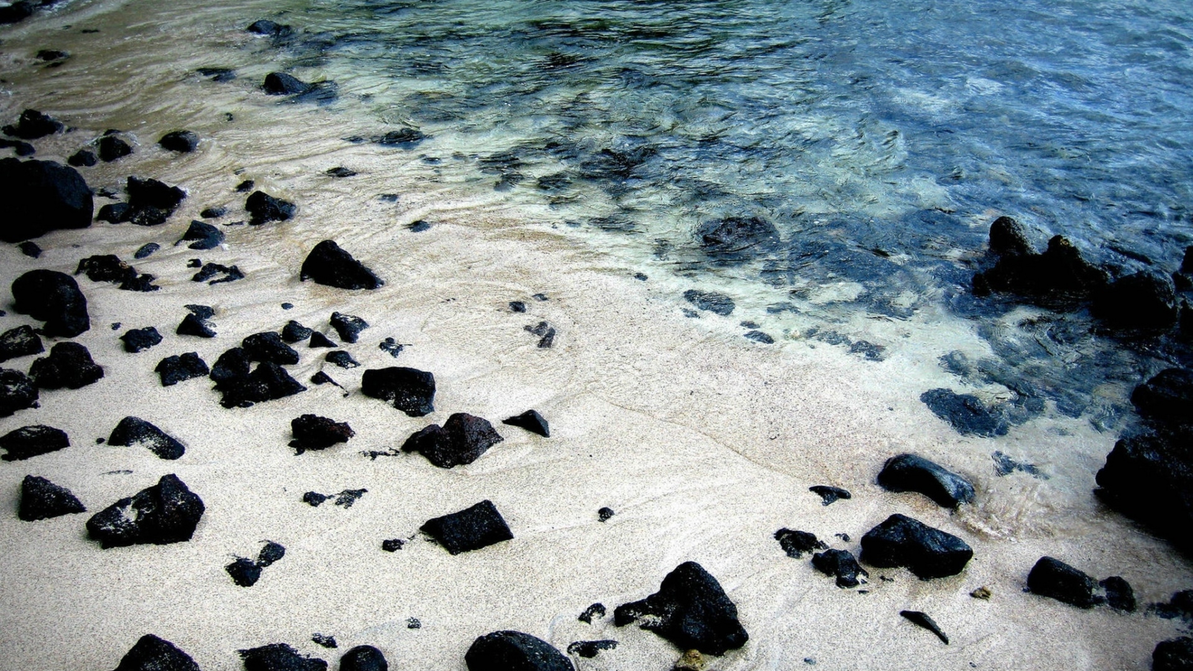 Black Rocks On White Sand Beach HD Wallpaper 4k Ultra