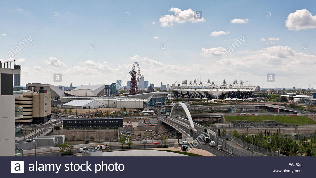 Olympic Park Stratford With Canary Wharf In The Background Stock