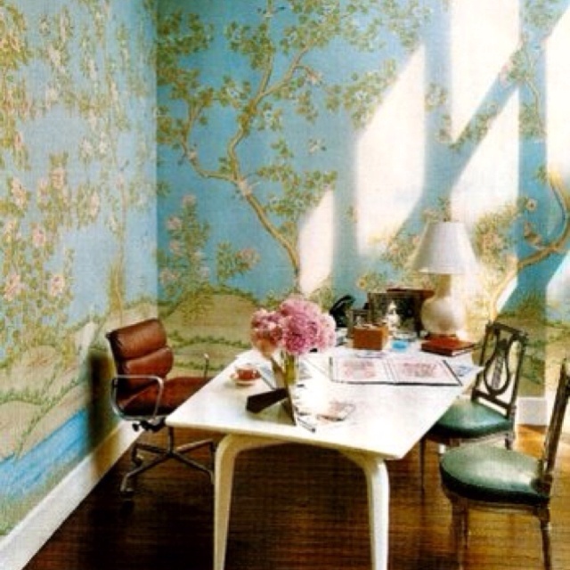 Office space with Chinoiserie wallpaper or mural