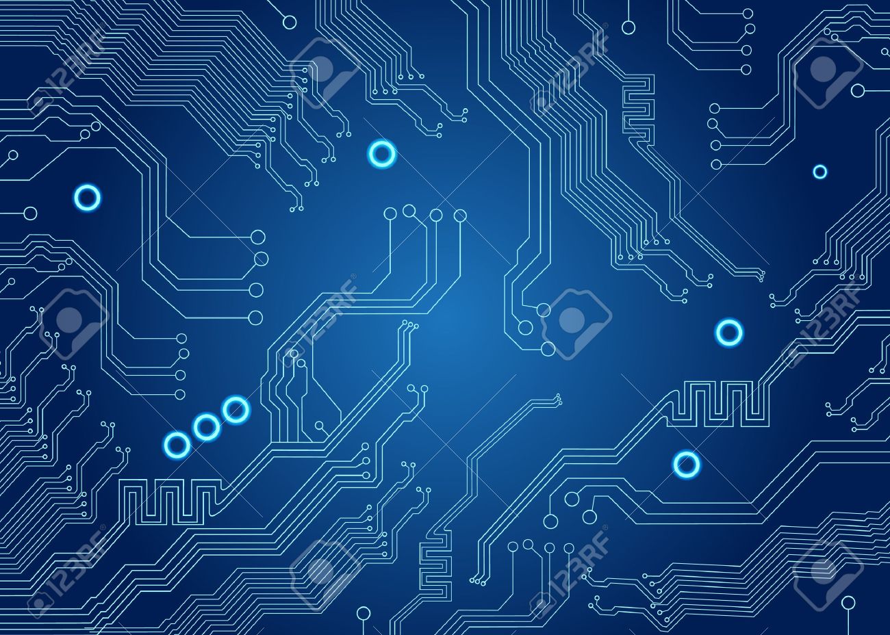 Motherboard Of Computer On The Blue Circuit Board Background Stock