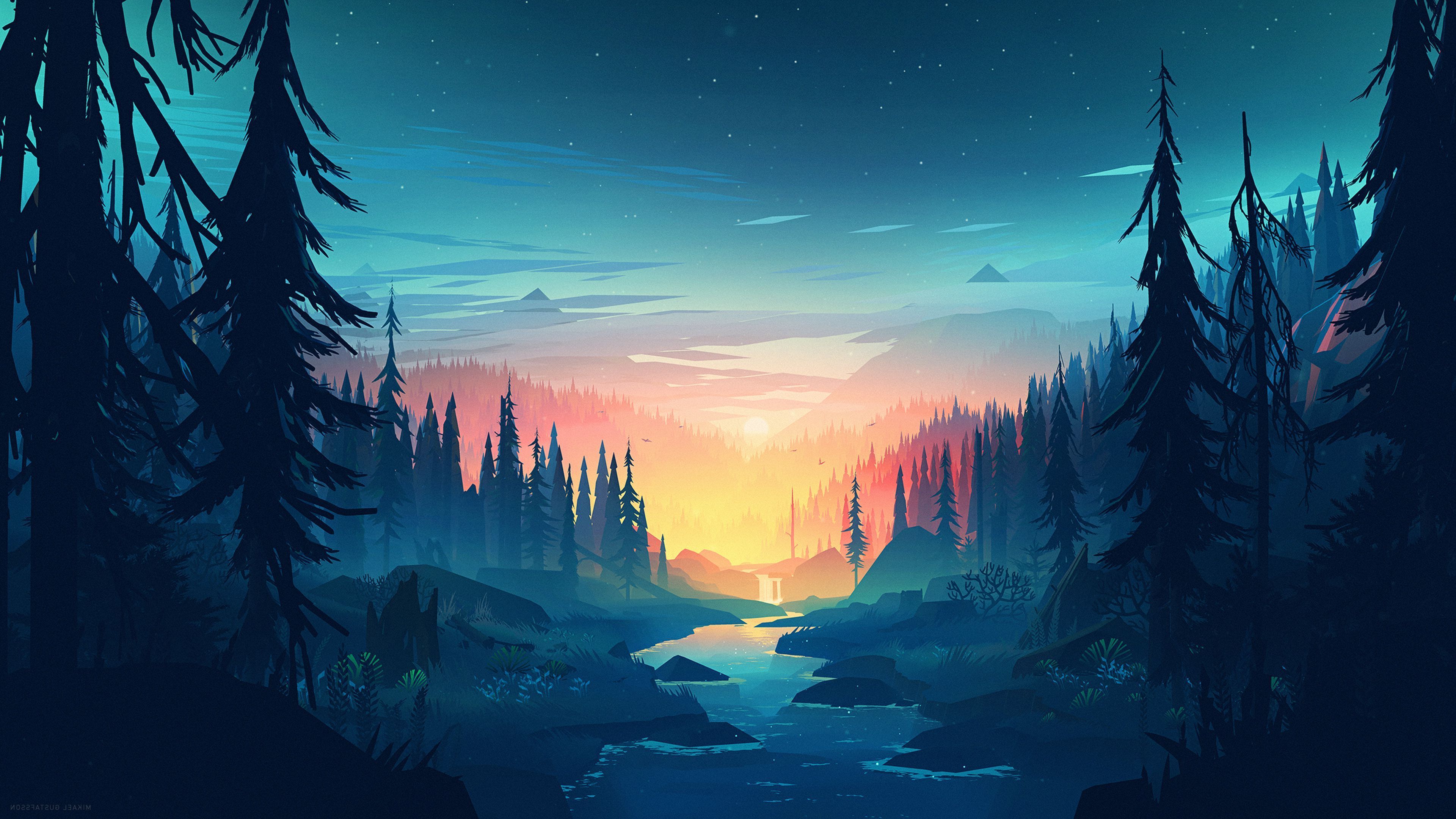 4K digital art wallpaper of a serene forest at sunset, featuring a river flowing through the trees and a vibrant sky