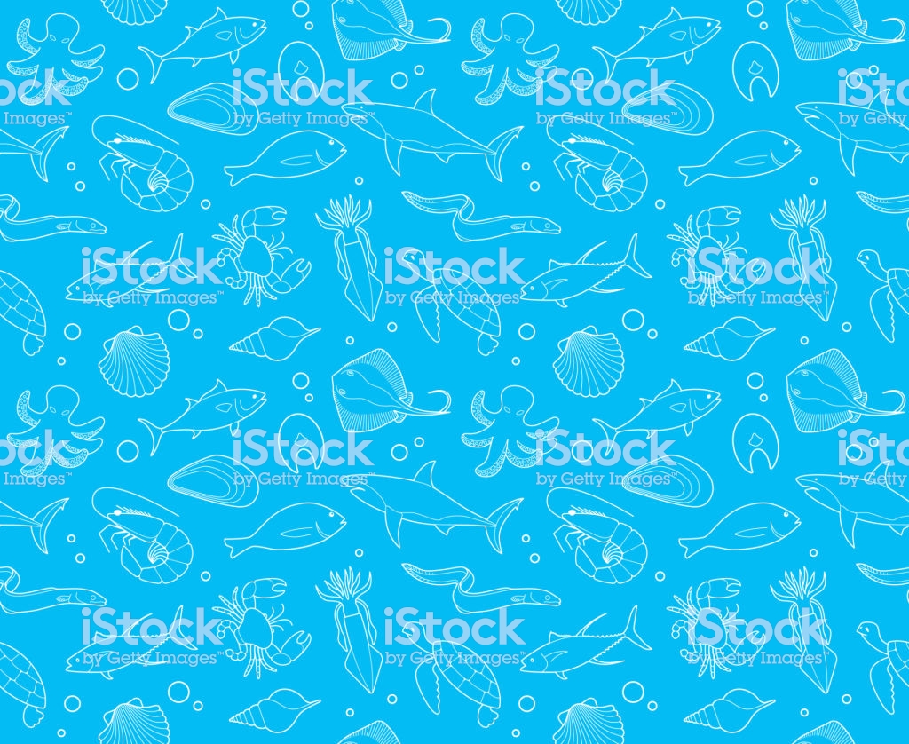 Seamless Background With Outline Pictures Of Seafood Stock