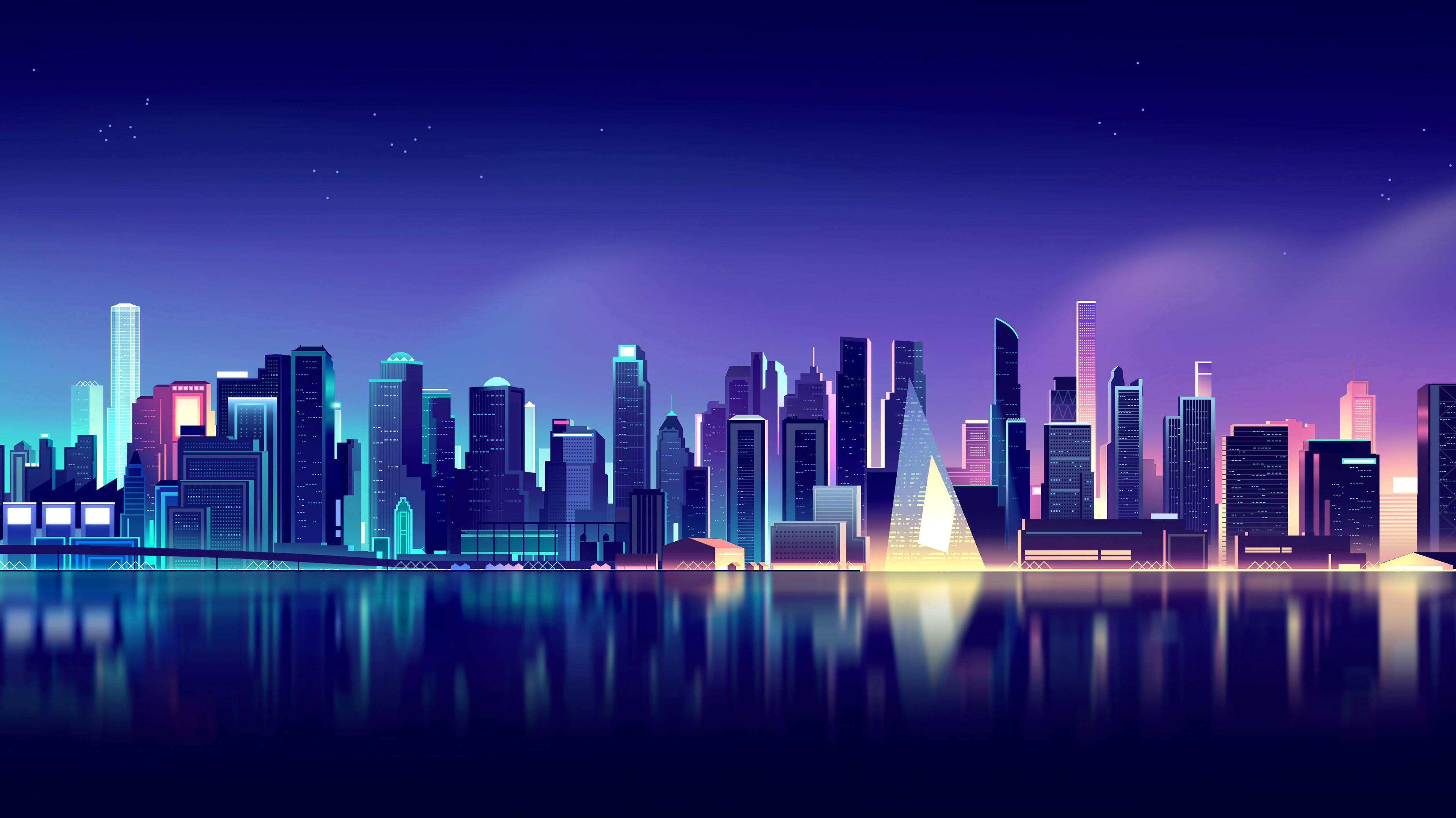 Neon City Skyline Cityscape Digital Art Landscape 4k Wallpaper
