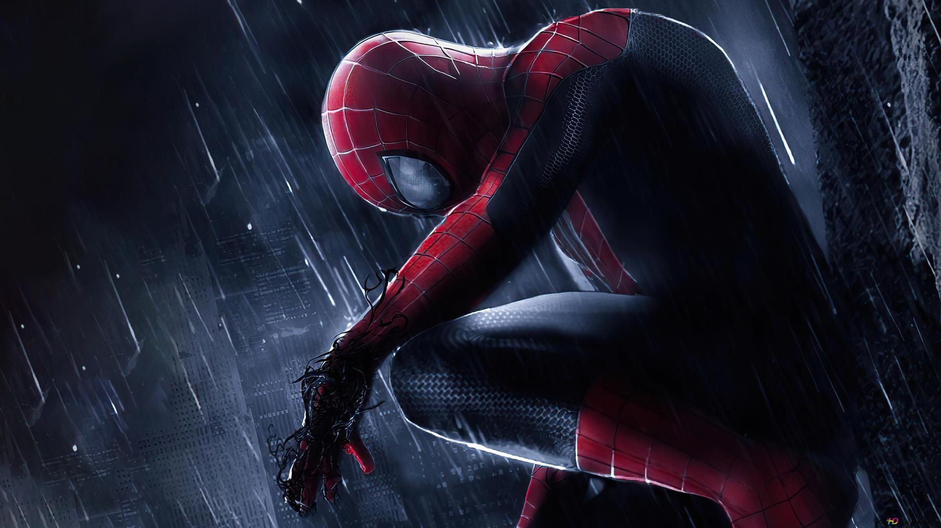 Spider Man Sitting On Building In The Rain 4K wallpaper download