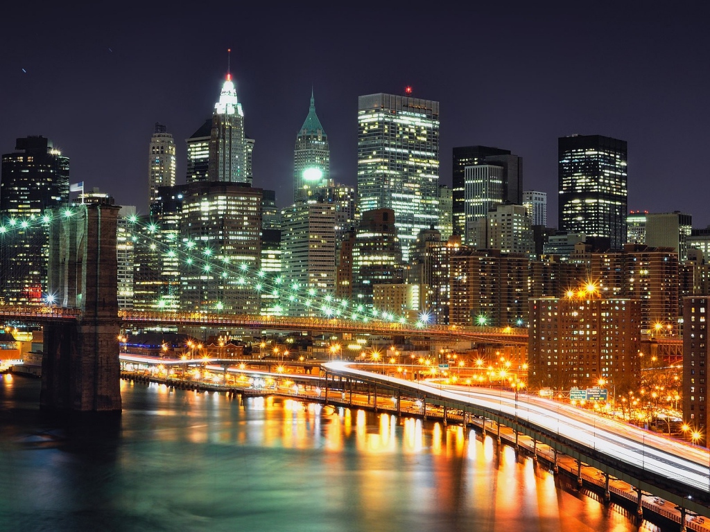 Wallpaper New York Brooklyn Bridge Night Lights