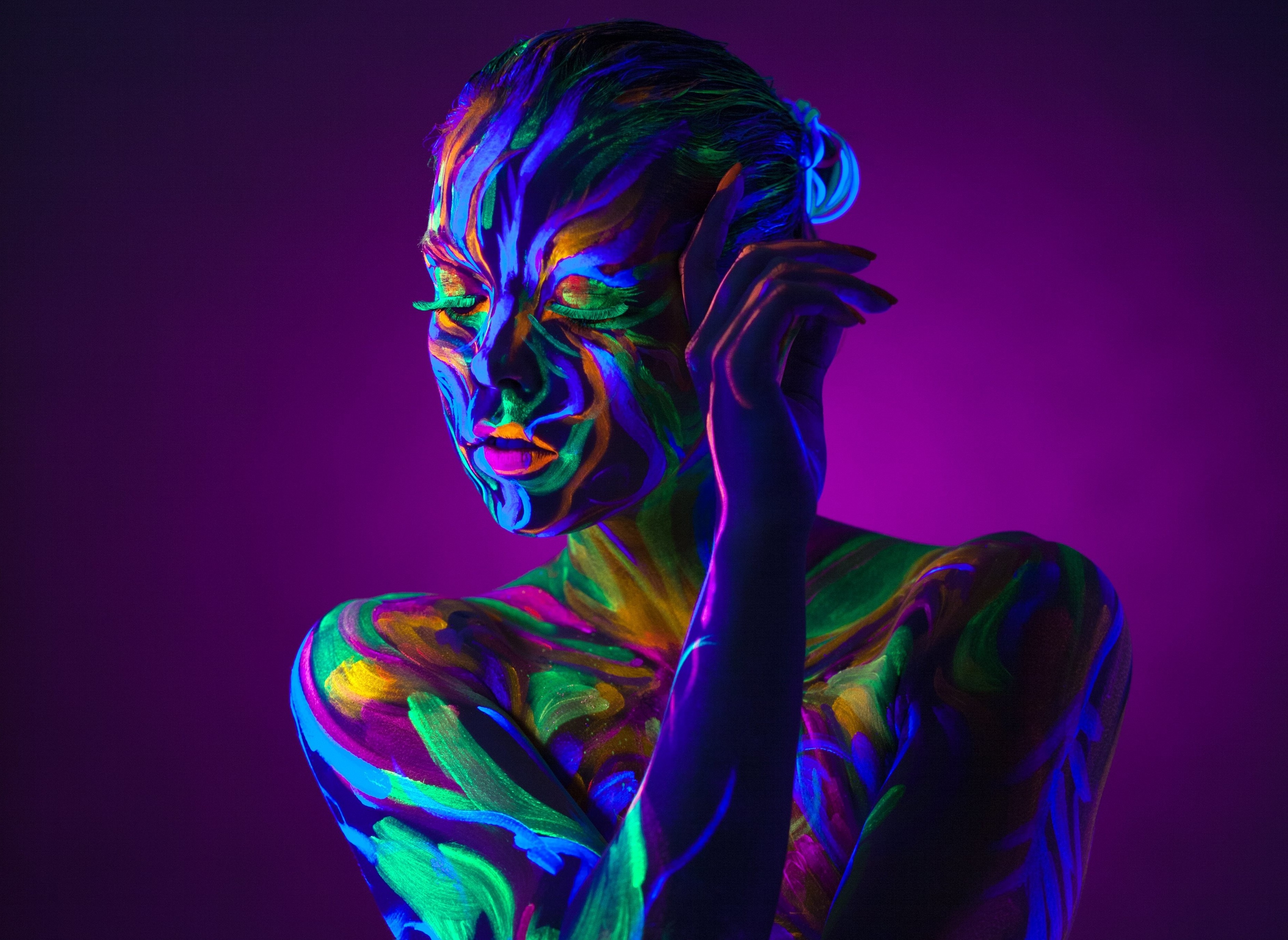 women Neon Purple Background Body Paint Colorful Closed Eyes