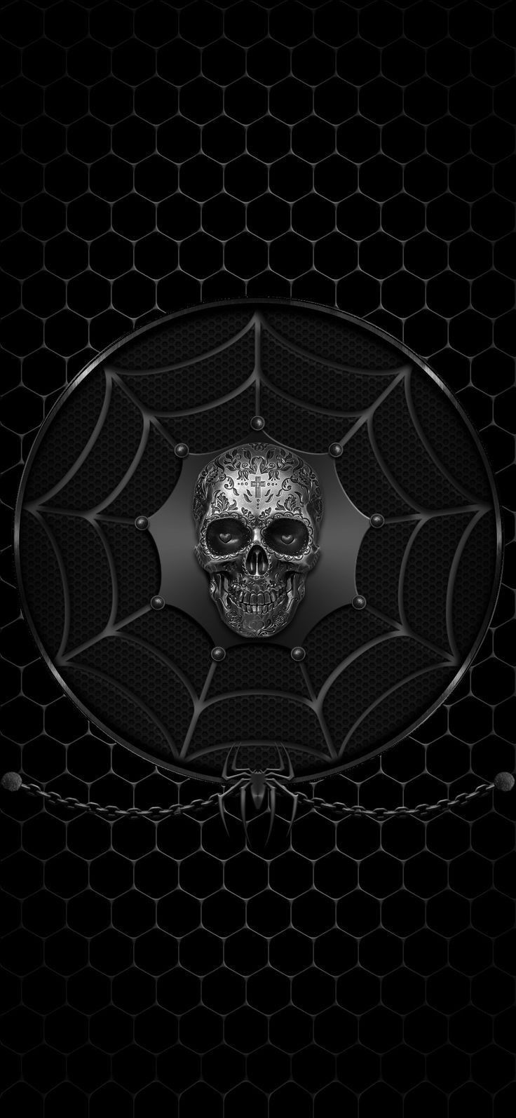 A Black And White Photo With Skull In It S Center Surrounded By Web Wallpaper