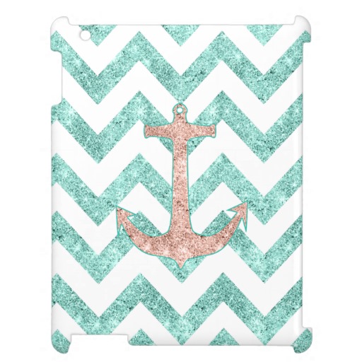 Coral Glitter Nautical Anchor Teal Chevron Zigzags iPad Cover