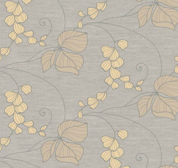 Wallpaper By The Yard Golden Beige Scrolling Leaf Vine On Silver Gray